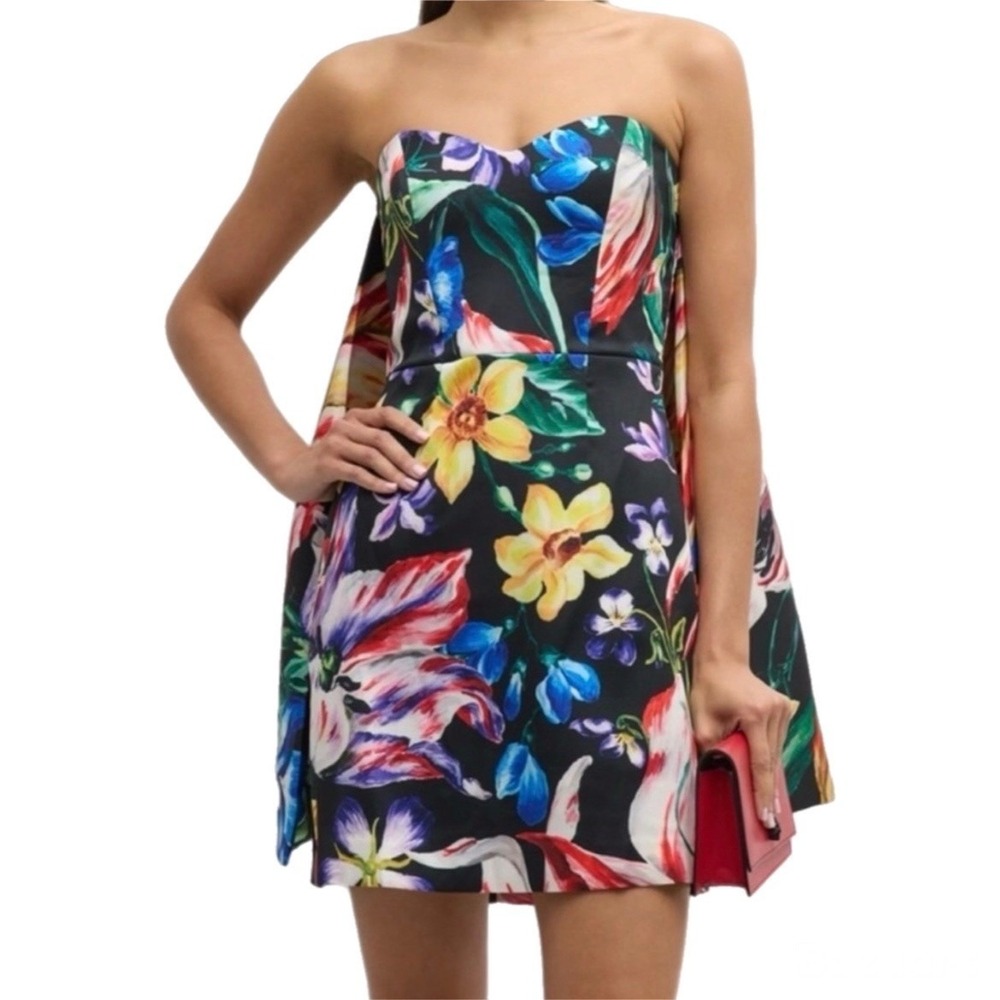 Marchesa Notte Black Floral Strapless Cape Mini Dress Size 8